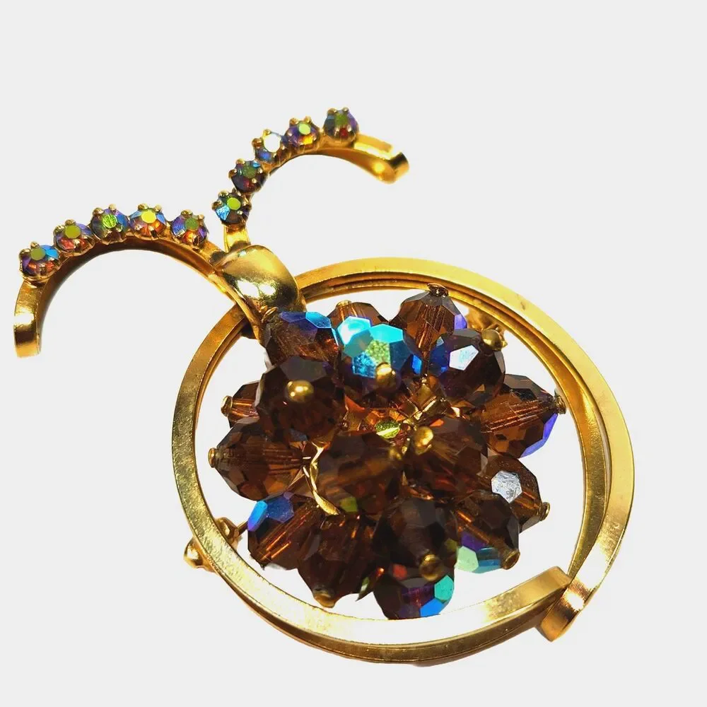 Vintage Lady Bug Brooch Pin Aurora Borealis Glass Beads Gold Tone Insect 60's